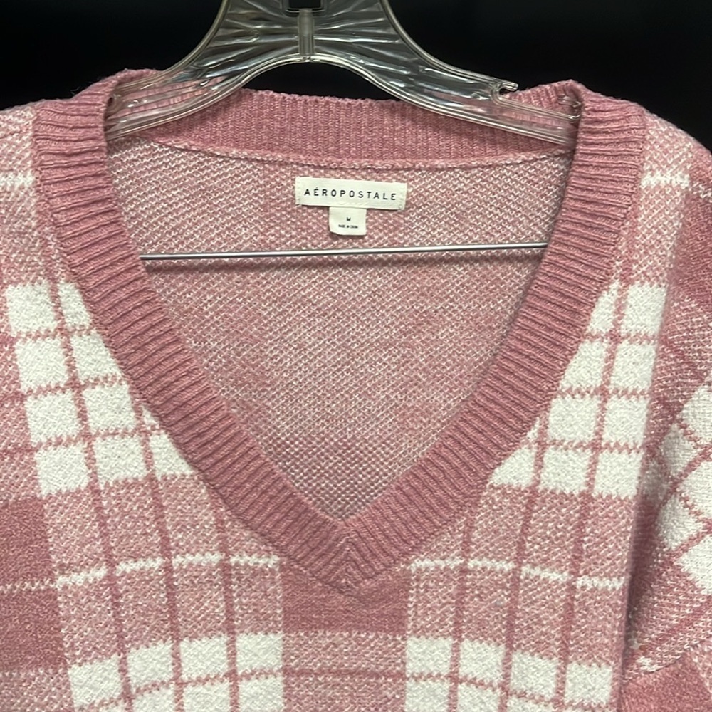 Aeropostale- vneck pink and white plaid sweater - Picture 2 of 6